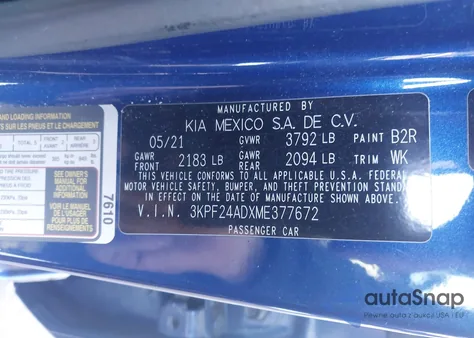 2021 Kia Forte Lxs z USA, uszkodzony, nr VIN 3KPF24ADXME377672